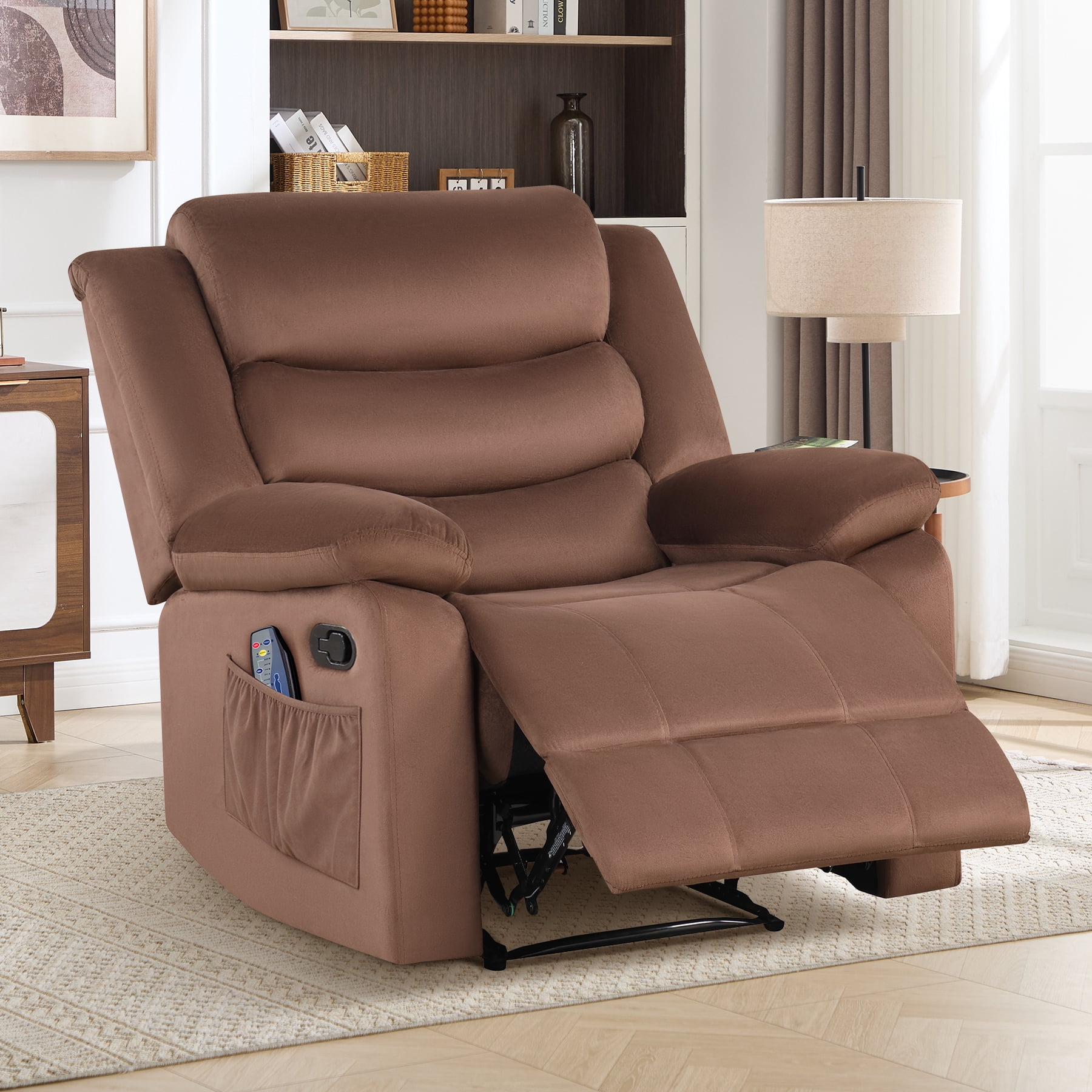 Bonzy Home Modern Comfort Reclining Chair, Breathable Fabric Recliner Chairs with Massage & Heating, Brown