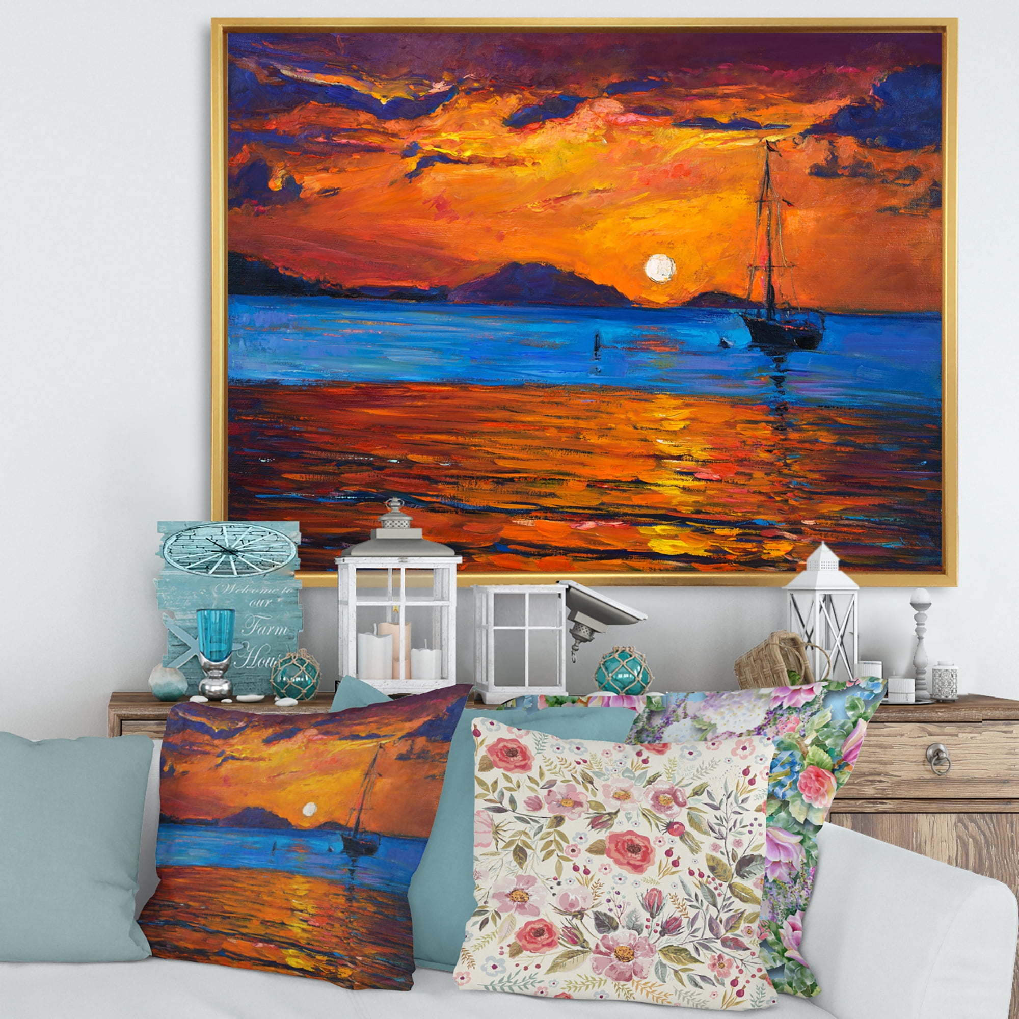 Designart 'Boat At The Lake During Evening Glow IX' Nautical & Coastal Framed Canvas Wall Art Print