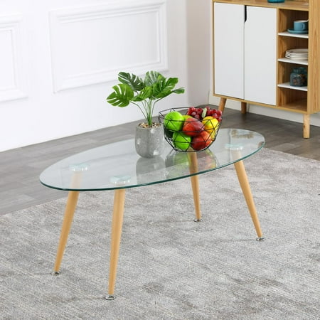 Round Glass Tables For Kitchen UBesGoo Dining Table Modern Round Glass Clear Table for Kitchen Dining Room Coffee Table Modern Leisure Tea Table Office Conference Pedestal Desk with Wood Grain Legs ()