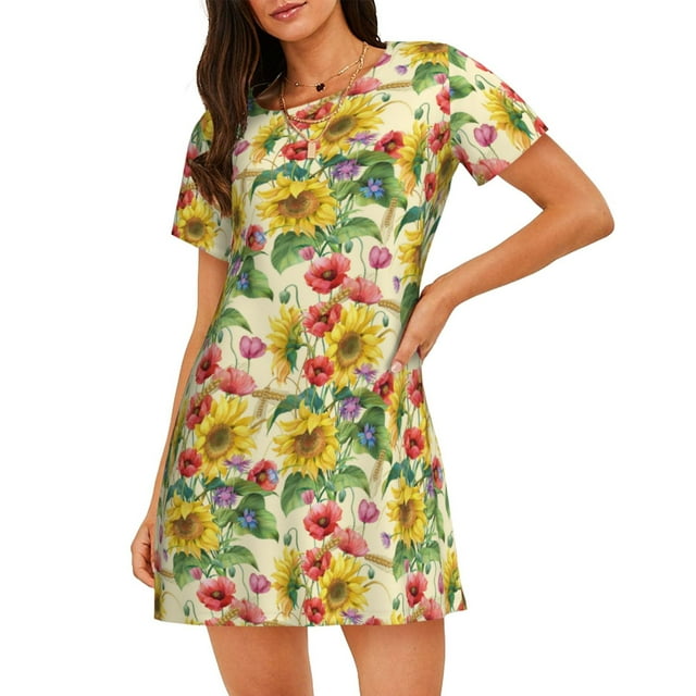 Fotbe Sunflower Cornflower Poppy Bata de Dormir para Mujer con Estampado, Camisón de Algodón de Manga Corta, Ropa de Dormir Casual