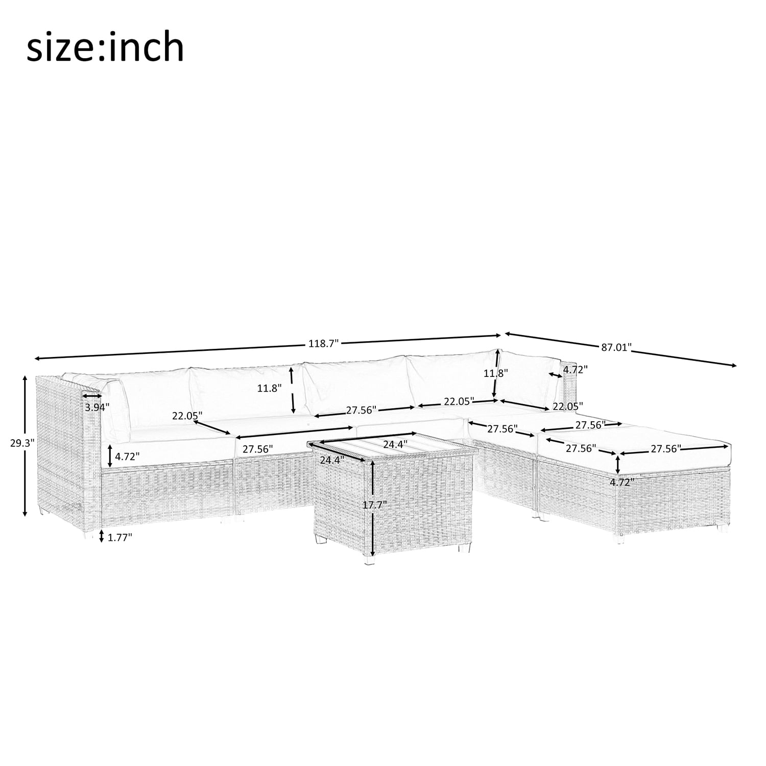 Kadyn 7 Piece Rattan Sectional Seating Group, Outdoor Conversation Sofa Set, Outdoor Ratten Sofa NEW with Cushions and Table, Gray