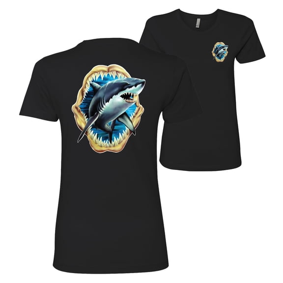 Ocean Shark Big Mouth Fishing Front and Back Womens Premium Graphic T-Shirt, Black, Small
