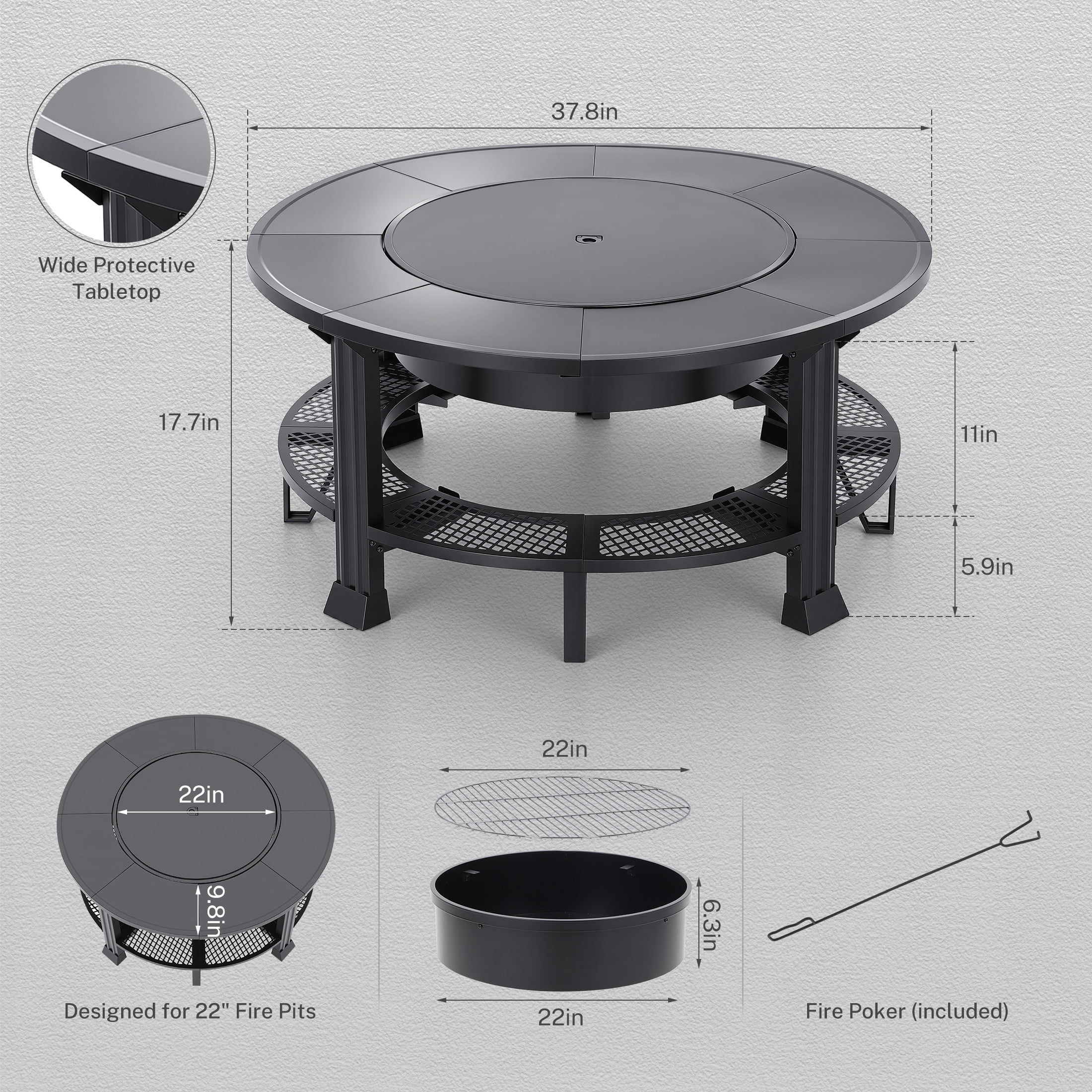 38" Outdoor Fire Pit Table with Grill & Firewood Rack, Wood Burning Fire Pit for Backyard Gatherings, Patio Heating & Outdoor Entertaining, BBQ with Pit Cover, Poker, BBQ Grate, Round Fire Pit, Black