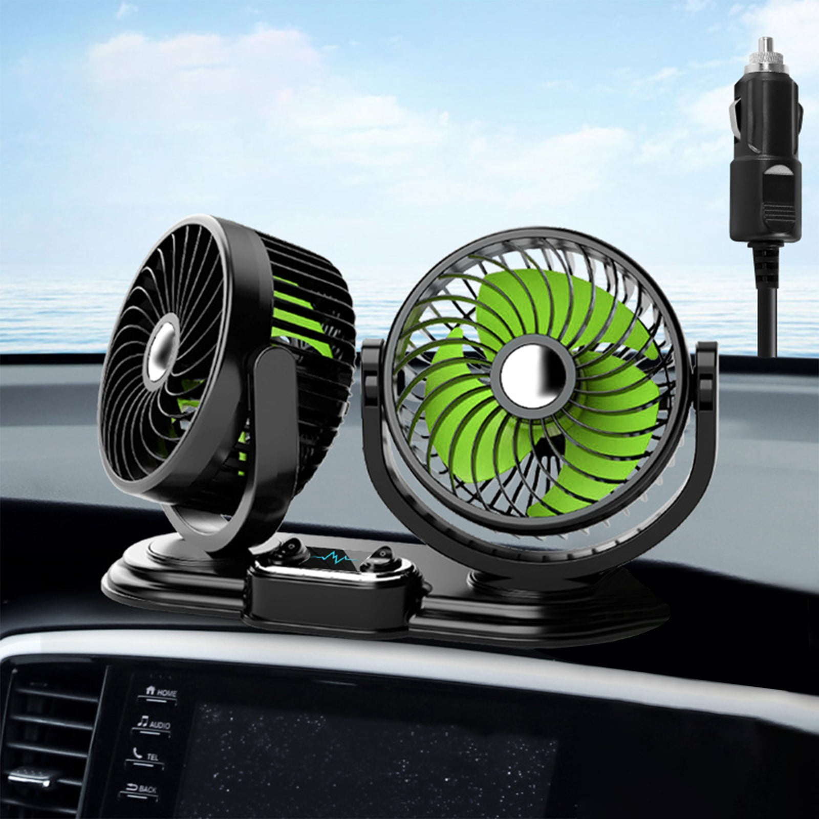 Car Fan, ZzCityTK Dual Head Folding Car Fan, Powerful 2-Speed USB Dashboard Fan for Trucks with 360° Rotation, Green