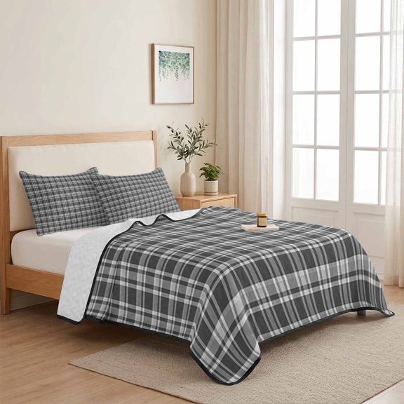 3 Piece Summer Bed Quilt Set Twin XL Size,Minimalist Black and Gray Check Lightweight Bedspread Coverlet with 2 Pillowcases Geometric Lines Plaid Soft Comforter Bedding Quilts for All Season