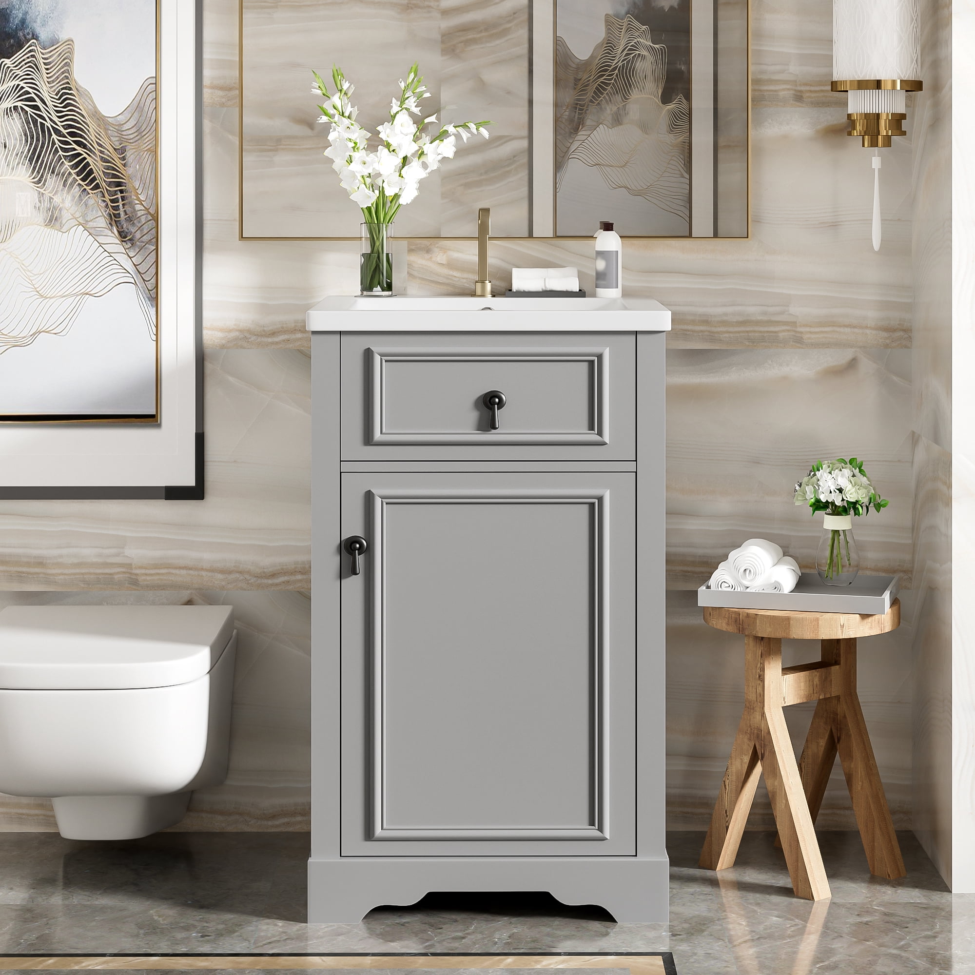 Euroco 20-Inch Bathroom Vanity with Ceramic Sink, Soft Close Door, Adjustable Shelf, and Door-Mounted Storage Rack - Ideal for Small Bathrooms