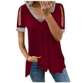 thumbnail image 2 of Usmixi Cute Tops for Women Short Sleeve V-Neck Solid T shirts Summer Lightweight Cold Shoulder Plus Size Tunic Blouse Wine M Clothes, 2 of 6