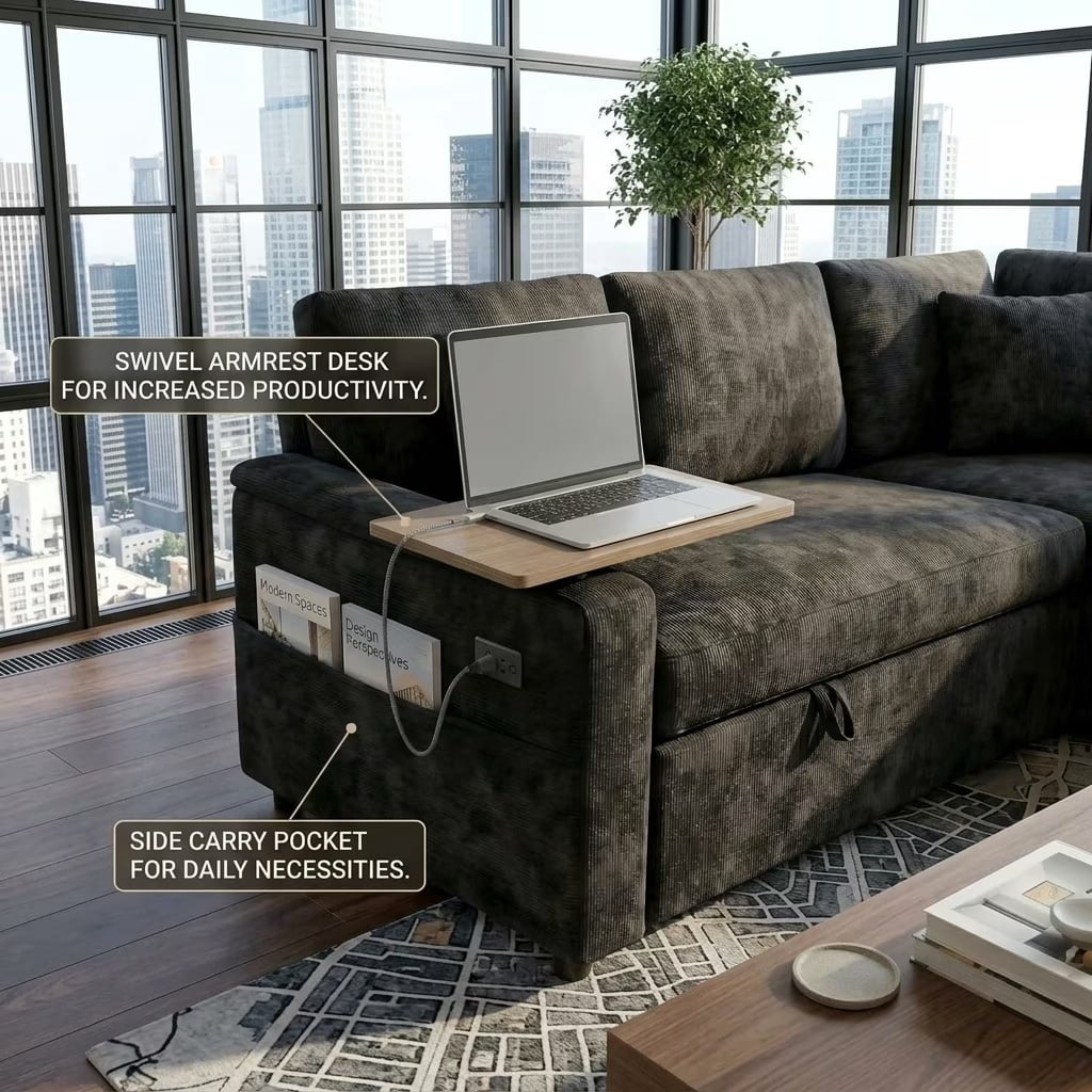 EPOWP 108" Sectional Sleeper Sofa, 7-Seater L-Shaped Modular Couch with Pull-Out Sofa Bed, Adjustable Backrest, Side Table & Charging Ports, Chenille Sectional Sofa for Living Room, Black