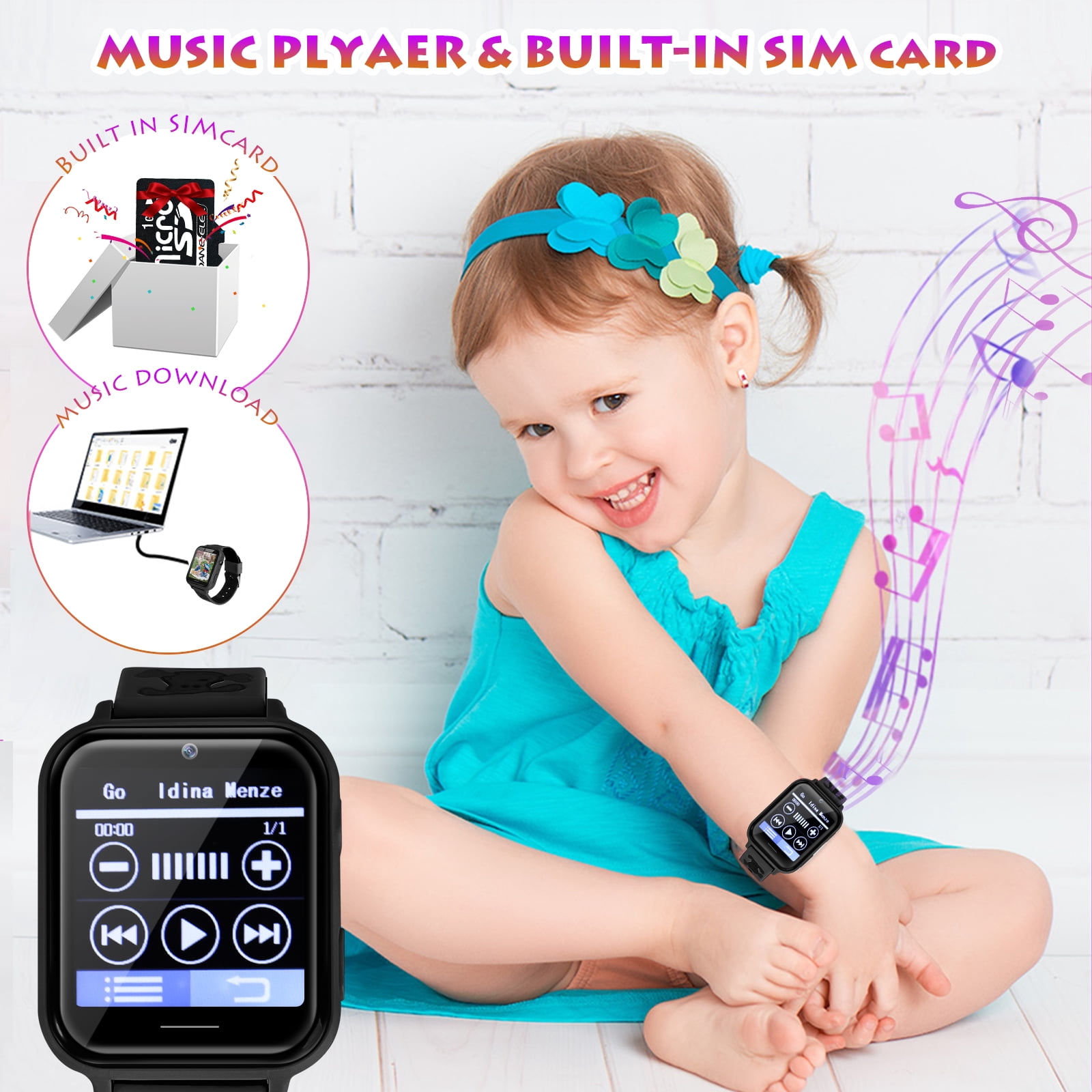 SHANNA Kids Smart Watch 39 mm Black Aluminum Alloy with Black Band