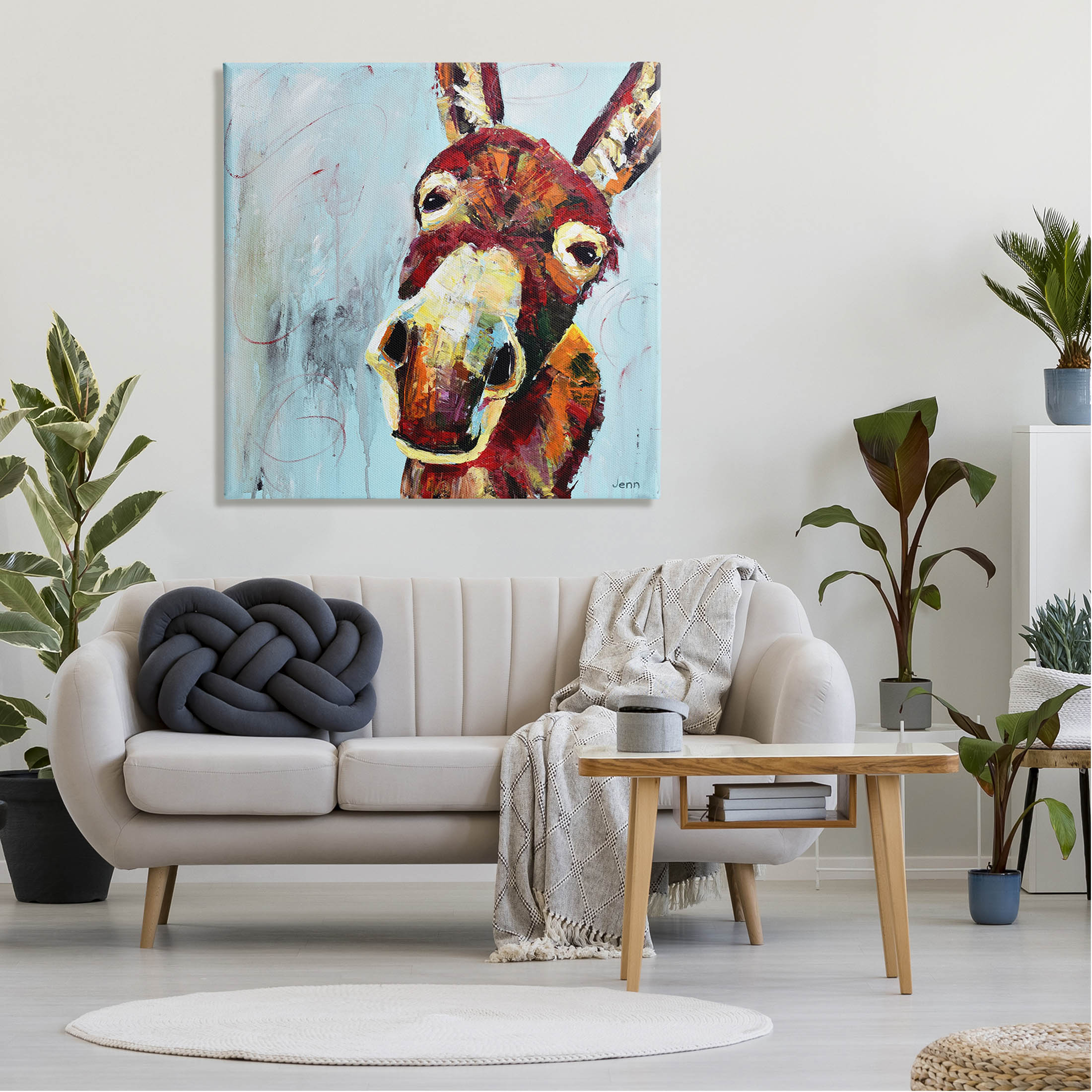 Donkey Face Blue Background Animals & Insects Painting Gallery Wrapped Canvas Print Wall Art
