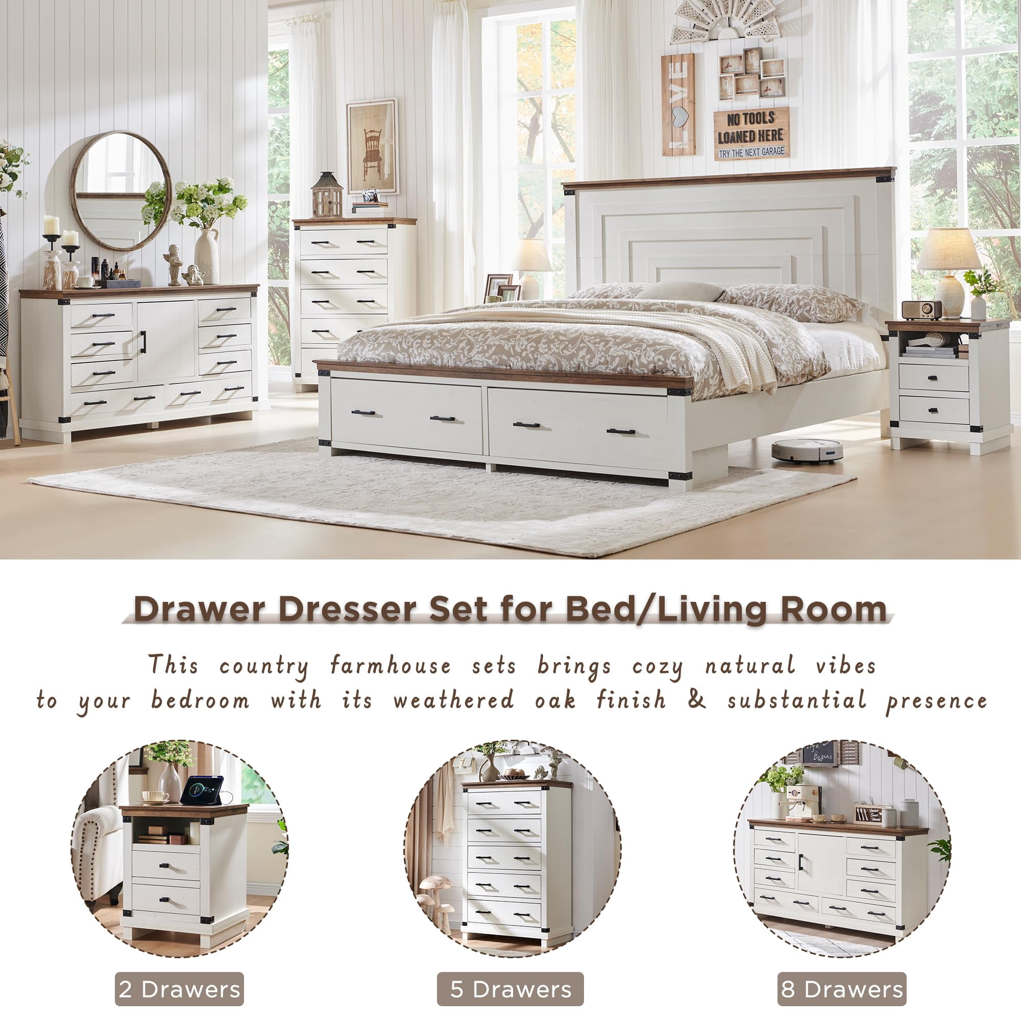 OKD Farmhouse 7 Drawers Dresser for Bedroom, Wood Large Chest of Drawers with Thick Plank Styling, Rustic Closet Dresser for Bedroom, Living Room, Antique White