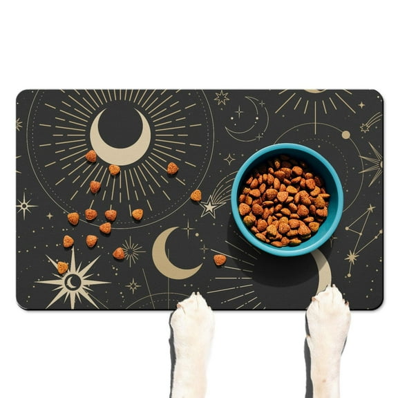 Golden Sun and Moon Art Dog Mat - Astrology Print Pet Feeding Mat with Absorbent Core, Non-Slip Rubber Base for Tile and Wood Floors