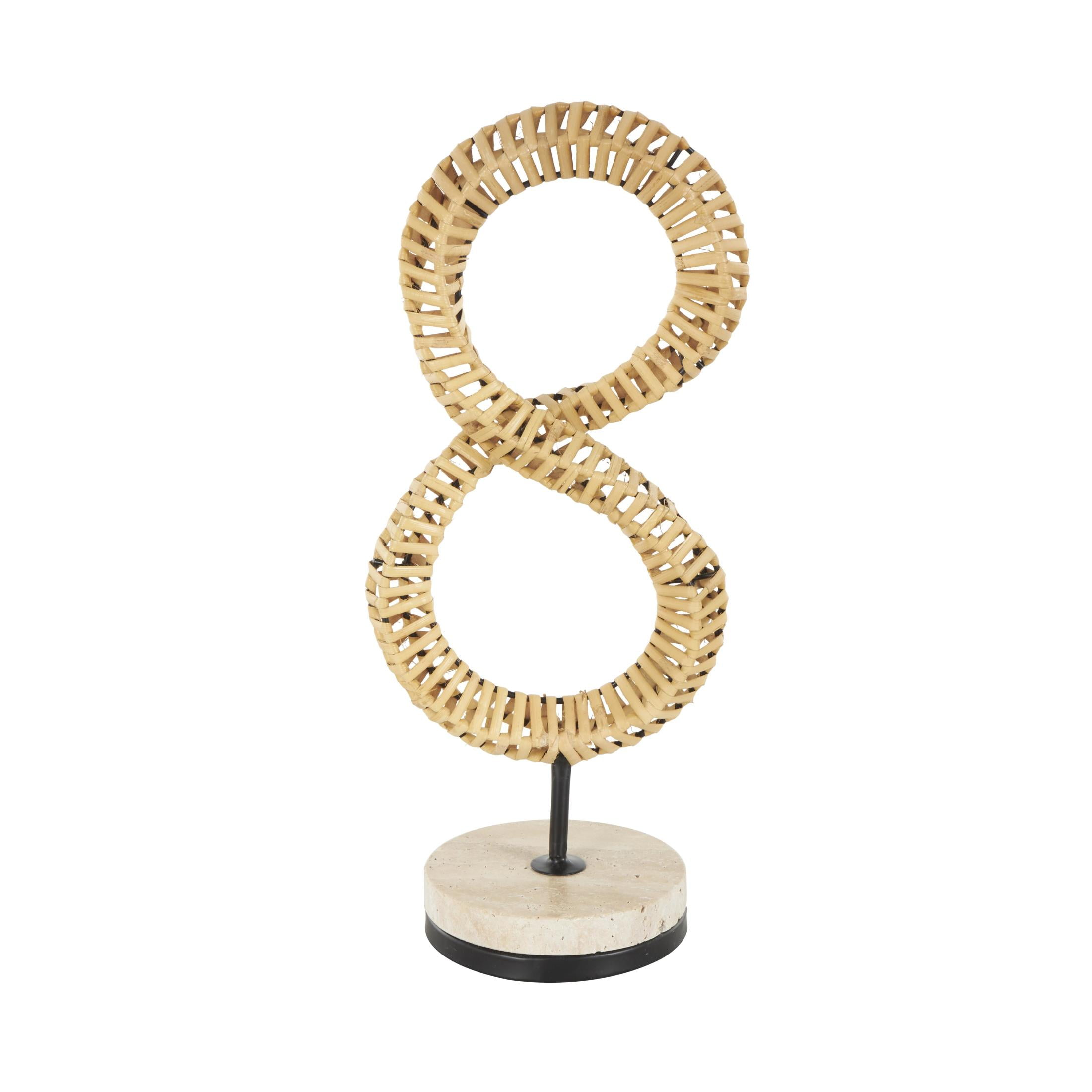 7" x 15" Brown Rattan Handmade Infinity Shaped Abstract Sculpture with White Marble Base, by DecMode