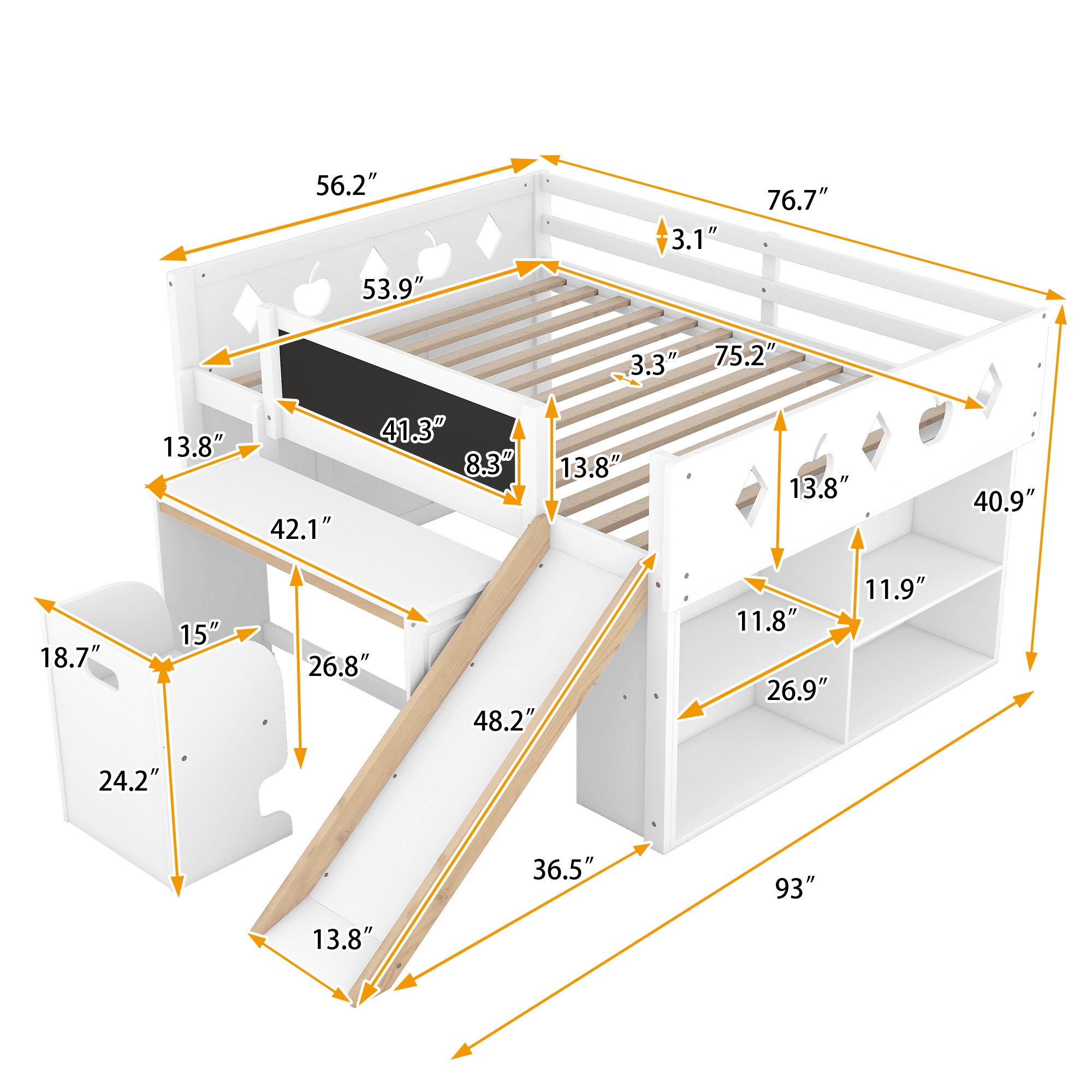 Full Size Loft Bed with Desk and Slide for Kids, Wooden Low Full Loft Bed Frame with Blackboard and Chair for Kids Boys Girls, Open Cabinets and Built-in Staircase Design, White