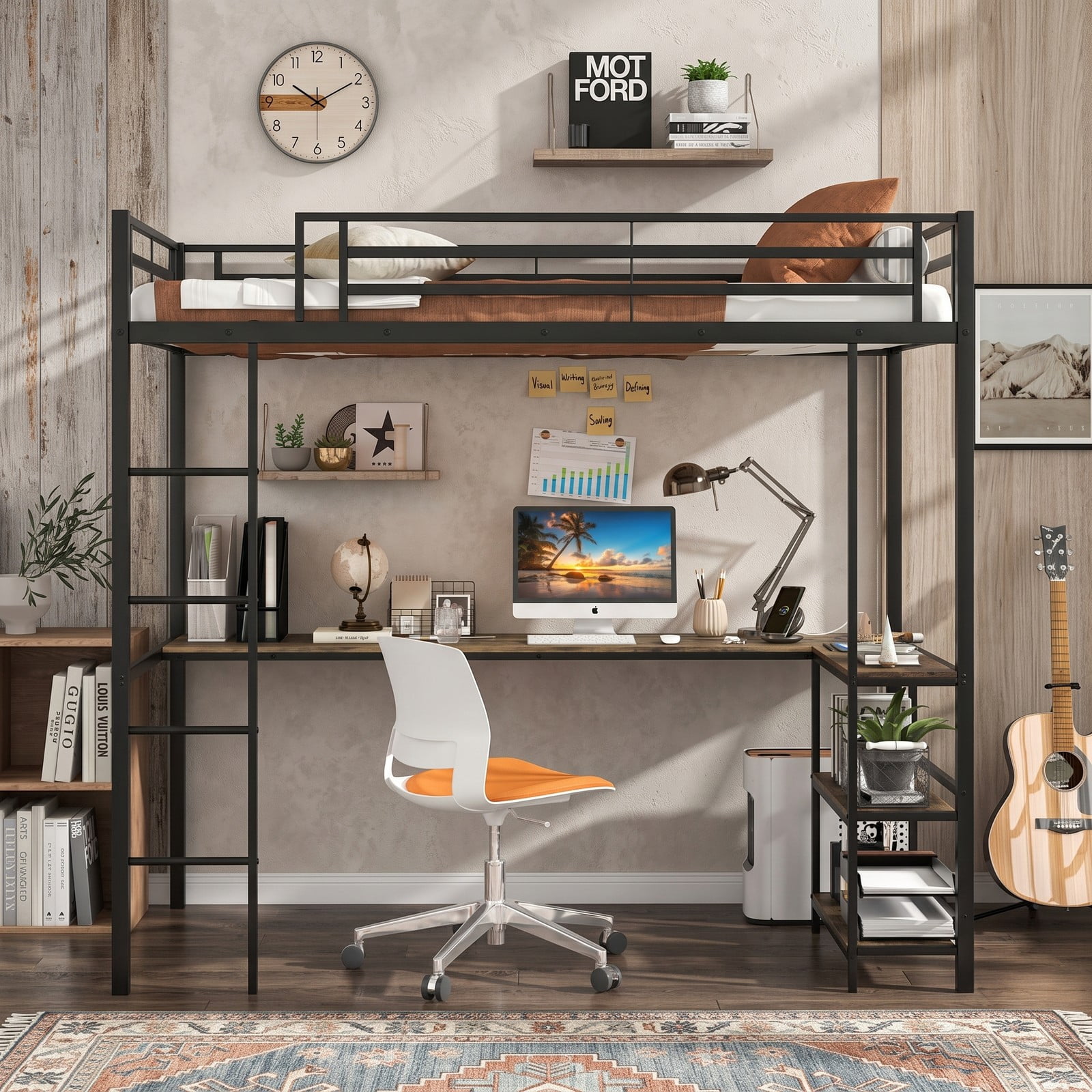 Furnibear Twin Size Loft Bed with Desk and 2 Storage Shelves for Teens Dorm Bedroom, Metal Loft Bed Frame with LED Lights and Ladder, Black