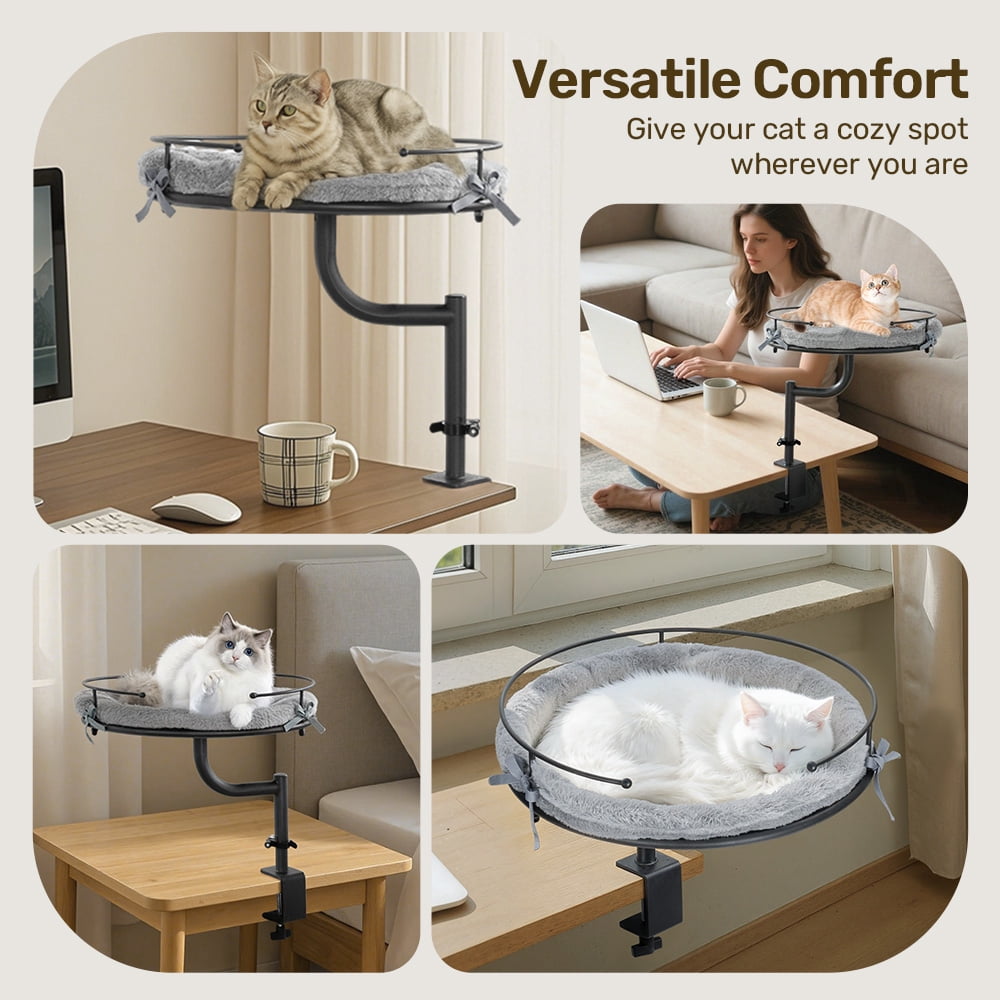 DOMIPET Cat Desk Bed with 360° Rotation & Height Adjustment, Desk Mounted Perch Attachment, Elevated Nest Cat Bed for Table Desktop, Cat Hammock with Washable Cushions, 40LB Capacity
