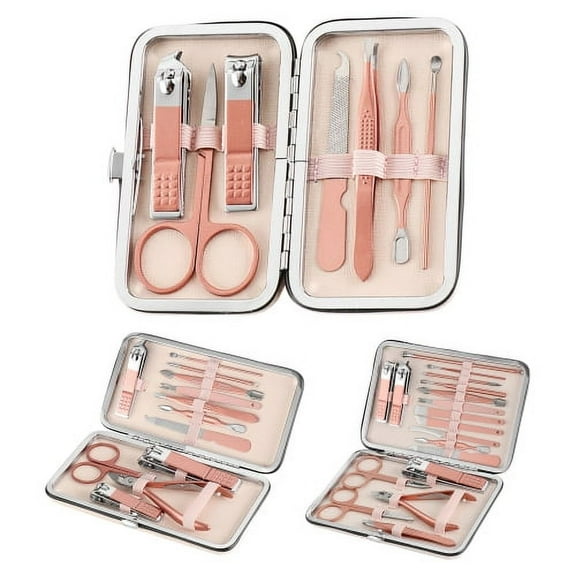 Zhaomeidaxi 1 Set Rose Gold Color Manicure Set, Travel Mini Nail Clippers Kit Faux Leather Pedicure Care Tools, Stainless Steel Grooming kit