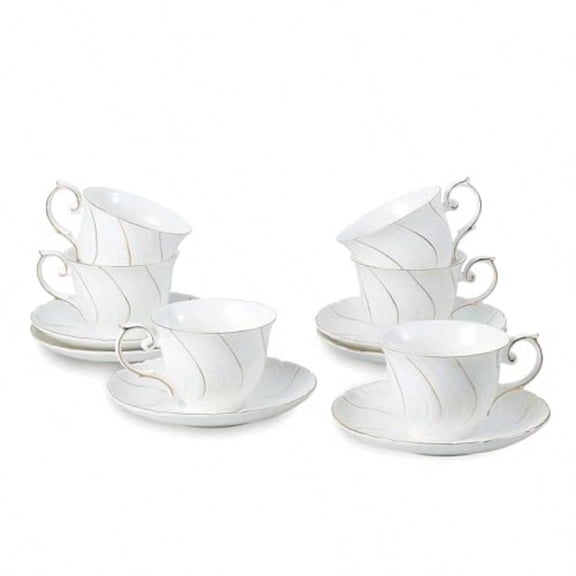 Tea Cups Set Of 6 Tea Cup And Saucer Set 6oz for Tea Coffee Latte Cafe Mocha Porcelain Tea Party Set White with gold thread set of 6
