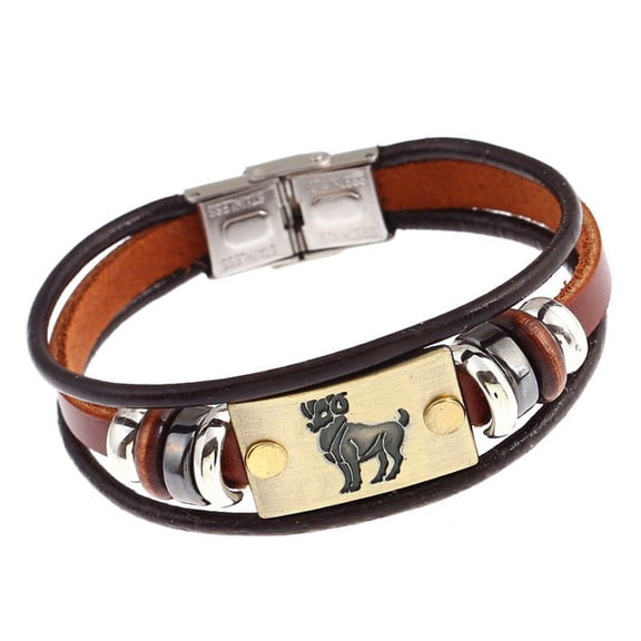 Uijokdef Zodiac Leather Bracelet, Brown Cowhide with Metal Beads, 8 Inches, Unisex