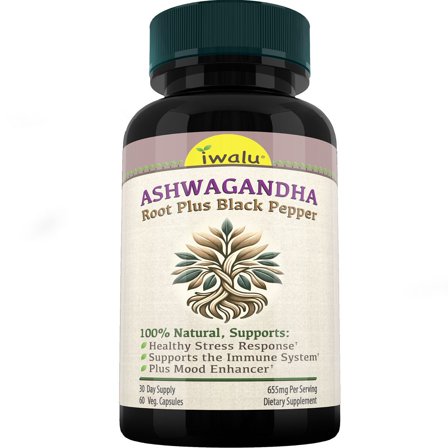 iwalu Organic Ashwagandha Root Plus Black Pepper | Natural Stress Relief & Mood Enhancement - 60 Vegan Capsules | NSF Certified & USA Made