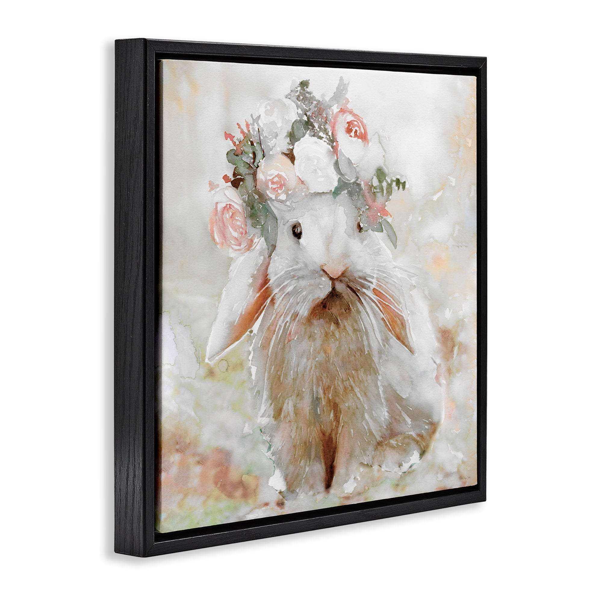 Stupell Industries Spring Floral Bunny Animals & Insects Painting Black Floater Framed Canvas Art Print Wall Art, 18 x 18