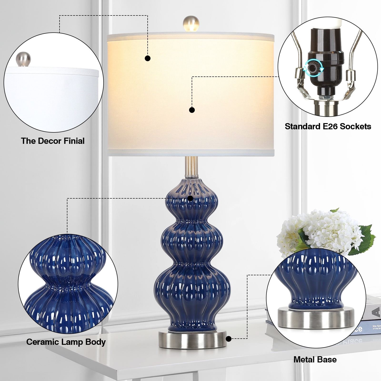 Cinkeda Triple Gourd Ceramic Table Lamps Set of 2 with USB A+C Ports & AC Outlet, Modern Blue, 2-Step Rotary Switch, 25.5" Height