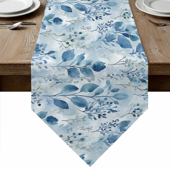Blue Botanical Table Runner Linen Burlap Table Runner 90 Inches Long Retro Impressionist Style Watercolor Dresser Scarves for Kitchen Island Coffee Dining Party Wedding Banquet Holiday Decor 13"x90"