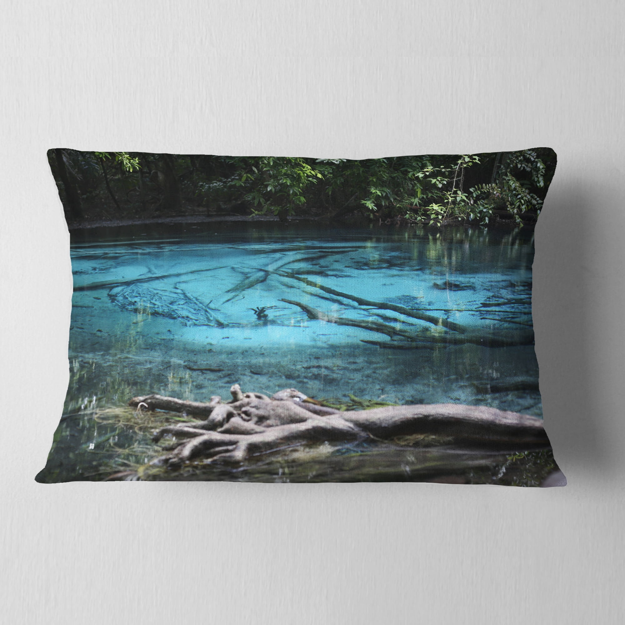 Designart Blue Pond in Deep Forest - Landscape Photography Throw Pillow - 12x20