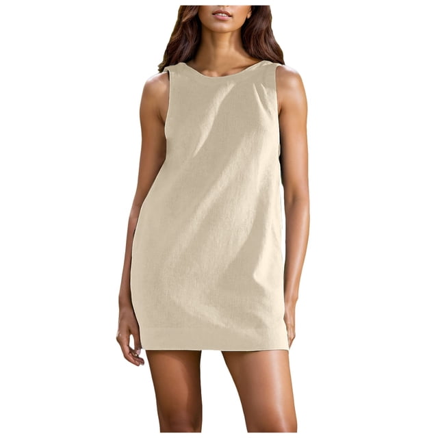Womens Summer Crew Neck Sleeveless Open Back Dress - Casual Beach Sunshine Linen Mini Dress, Polyester Solid Color Fashion Style