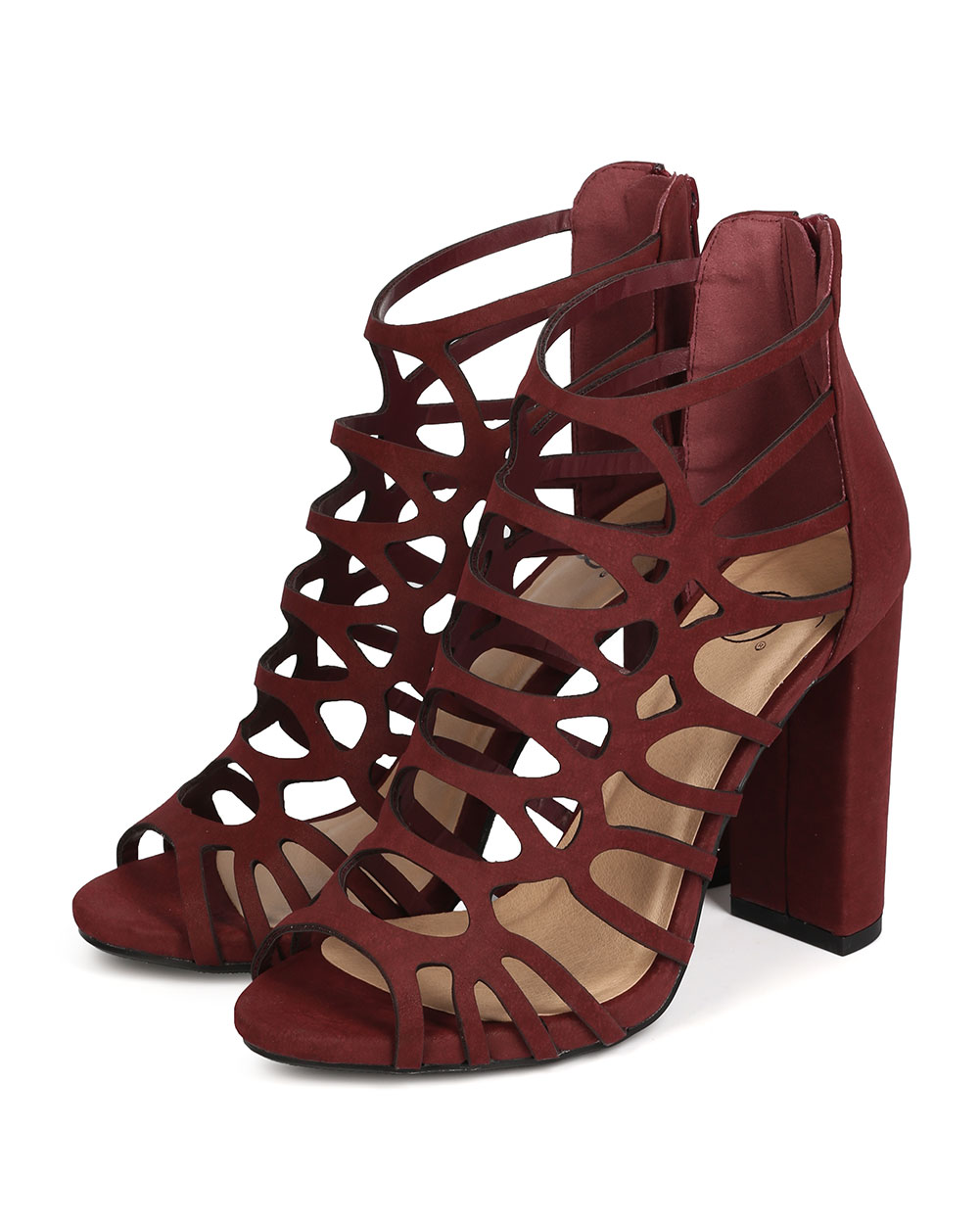burgundy caged heels