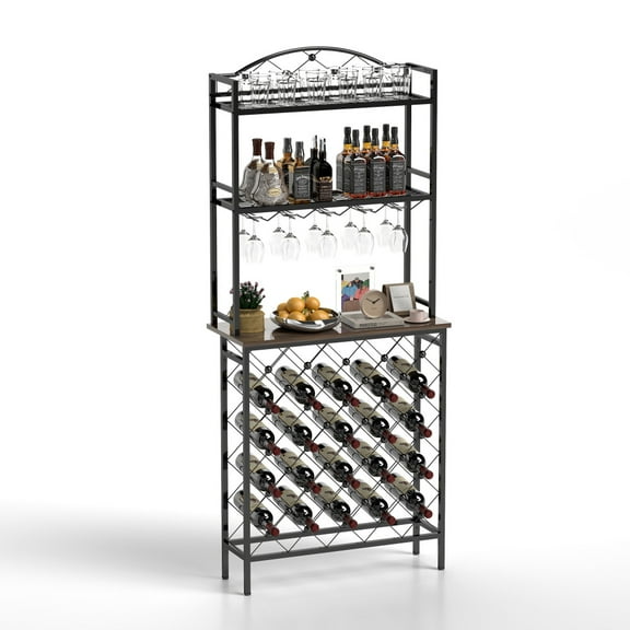 Tcbosik 3-Tier Wine Rack, Freestanding Bottle Holder with Open Shelves and Glass Holder, Liquor Storage Organizer with Metal Frame for Kitchen, Pantry, Dining Room, Antique Brown
