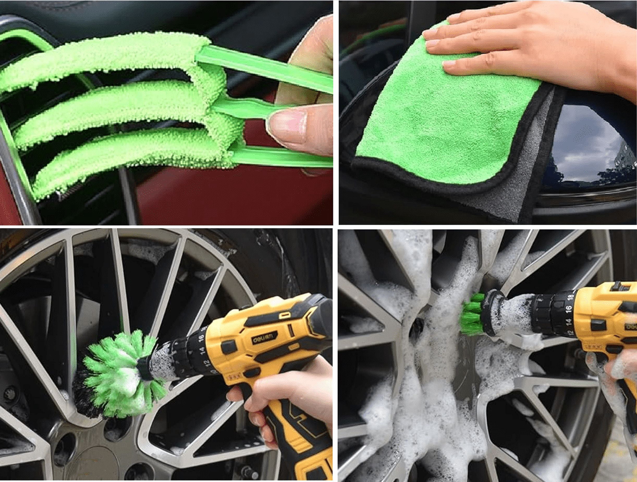 21PCS Car Detailing Kit Cleaning Brush Set, Auto Drill Brush Wash Mitt Air Vent Brush Cleaning Towel for Wheels Tires Carpet Air Vent Interior Exterior Car Care Accessories, Green