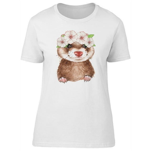 Cute Ferret With Floral Wreath T-Shirt Women -Image by Shutterstock, Female Large