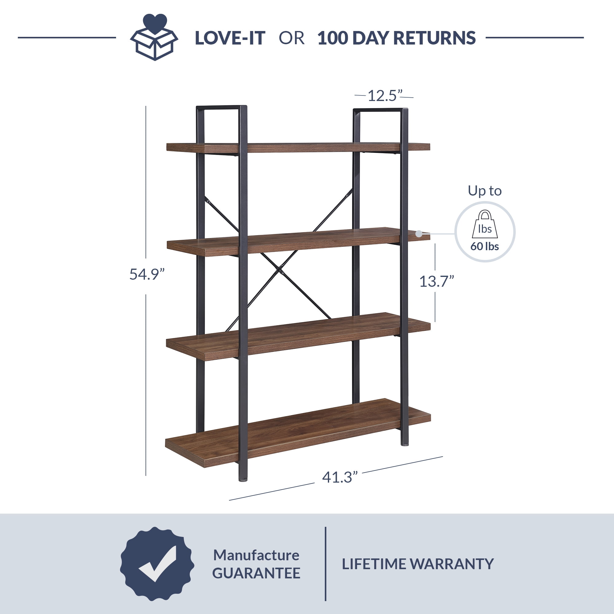 BELLEZE 4 Tier Modern Rustic Industrial Bookshelf - Hazel (Dark Walnut)