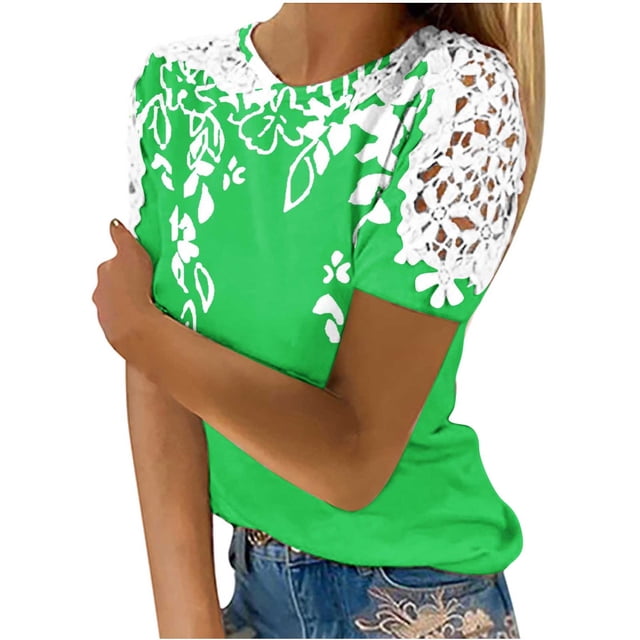 Camisas de Manga Corta para las Mujeres Impresión Cuello Redondo Suéter Encaje Camisa, Blusa de Verano Casual para las Mujeres