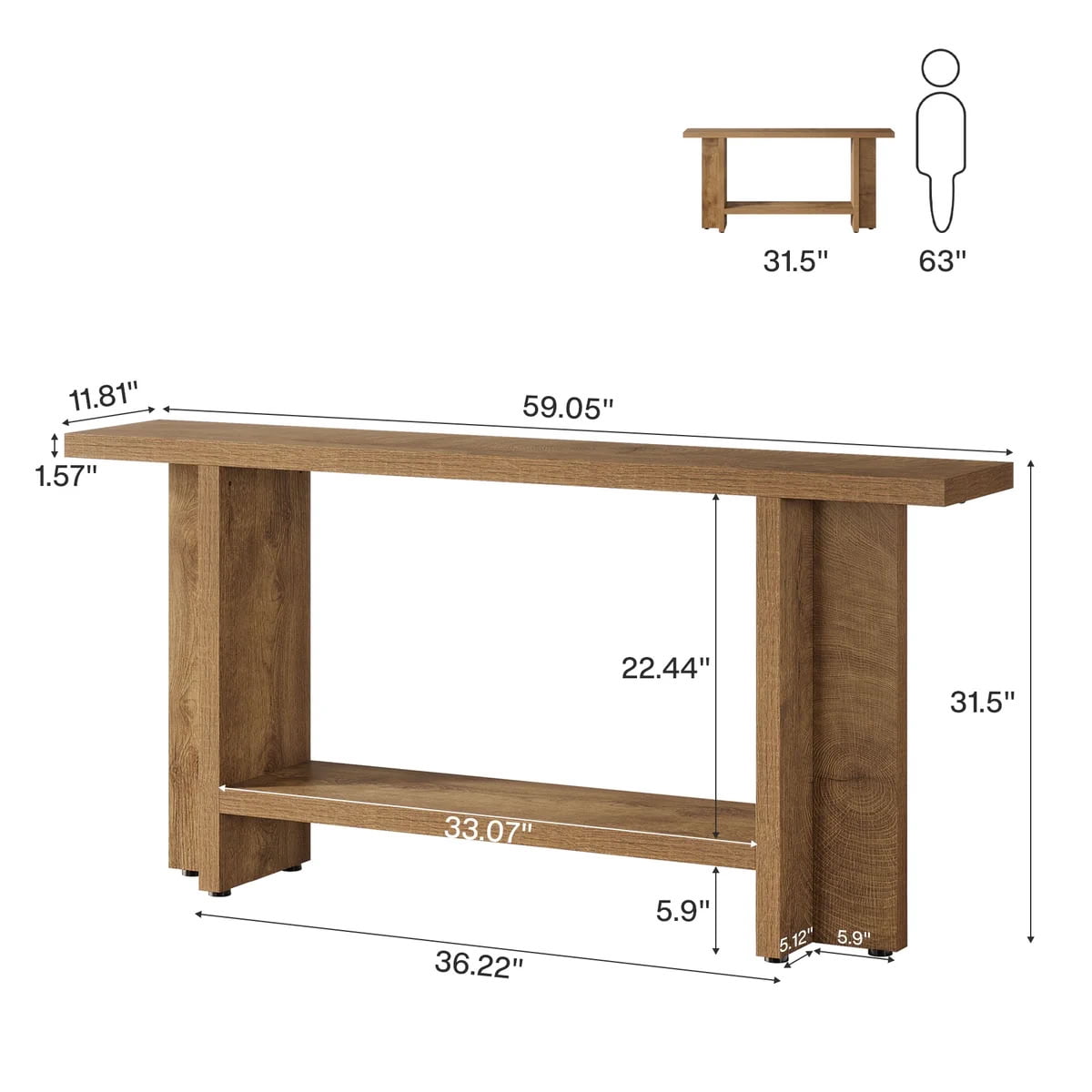 MAYEERTY 59" Farmhouse Console Table, Rustic Narrow Entryway Table with Double-Layer Storage Shelves, for Living Room, Hallway, Bedroom