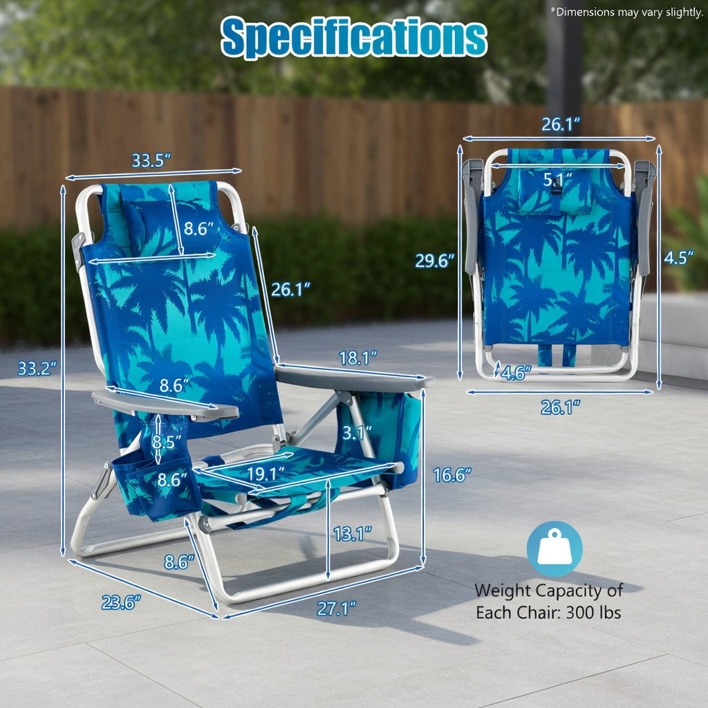 Hommoo 2-Pack Foldable Beach Chairs with Head Pillow, Adjustable Aluminum Frame, Waterproof PVC Seat, Peacock Blue