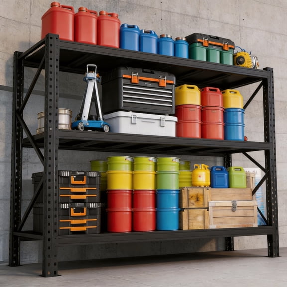 Deep Storage 3 Tier Garage Shelving, 5000LBS Wide Surface Metal Shelves, Heavy Duty Industrial Rack for Oversized Containers, Black, 67"W x 20"D x 63"H