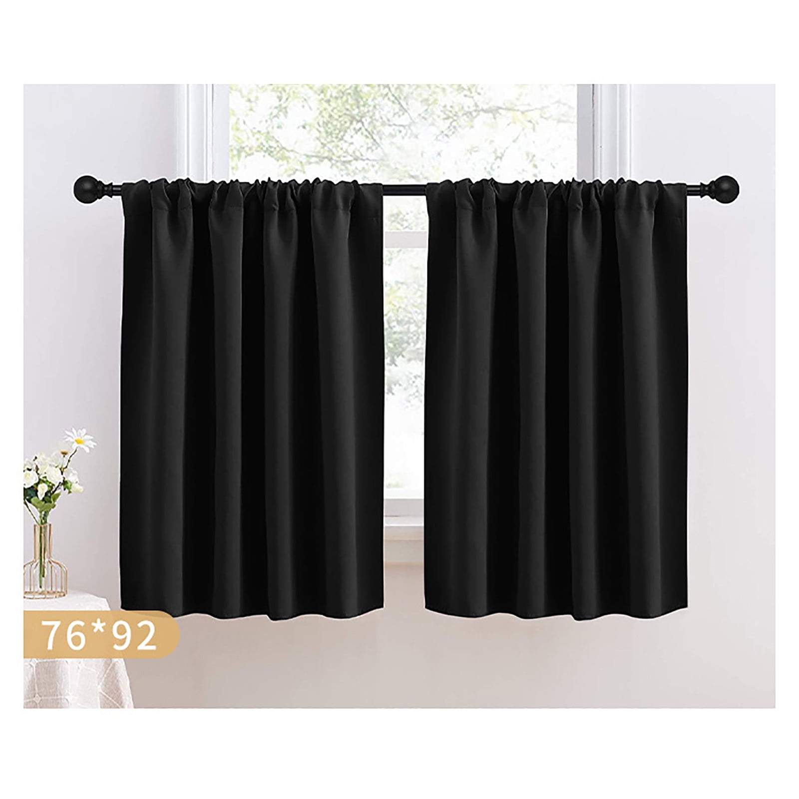 Short Blackout Curtains for Kitchen, Thermal Insulated Out Curtain for Bedroom, Rod Pocket Drapes for Bathroom Small Window, Black
