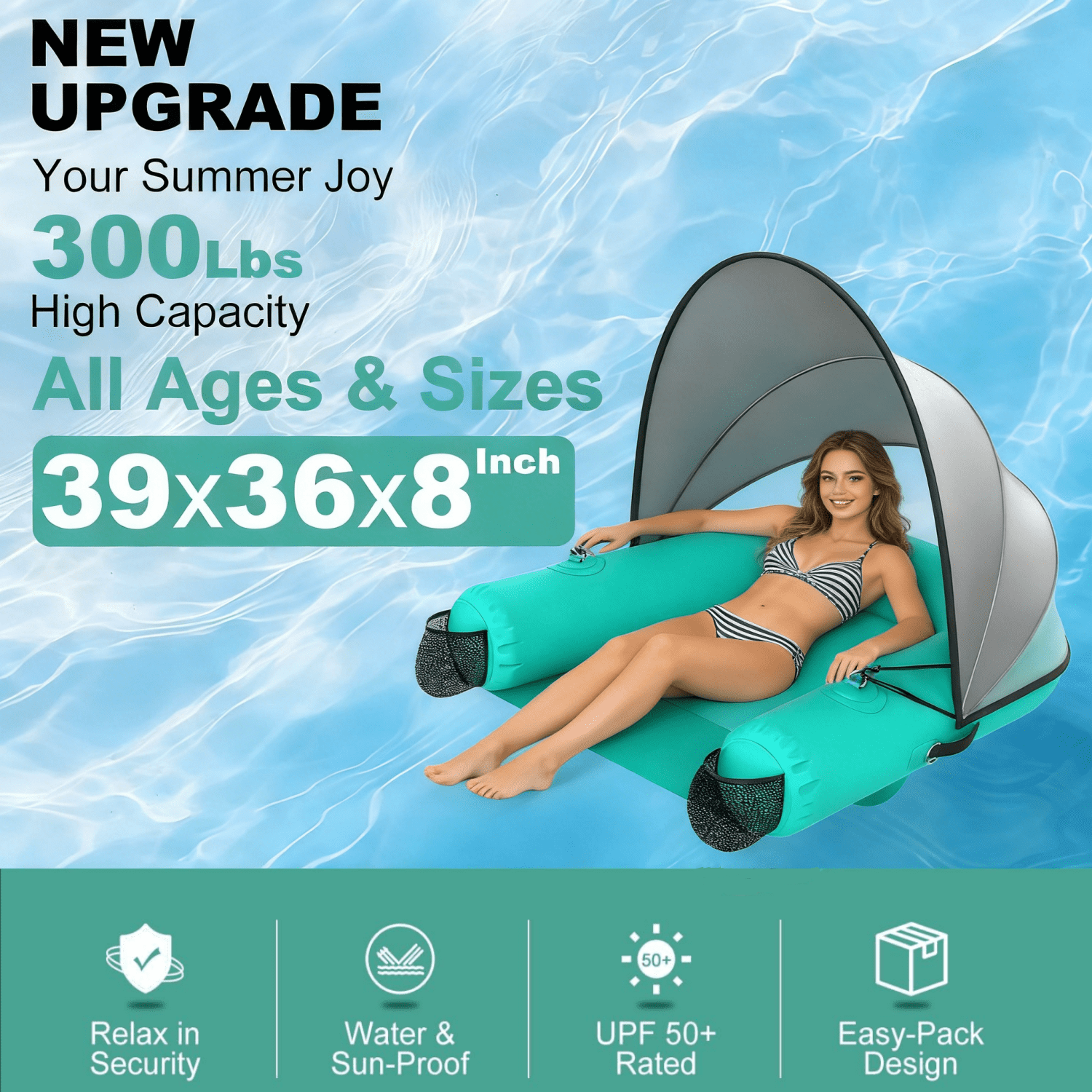 Pipopa Adult Inflatable Pool Floats&nbsp;with UPF50+ & Rain Canopy,2 Large Drink Holders,Inflatable Lounger Float for Swimming Pool,Beach,Party,Green