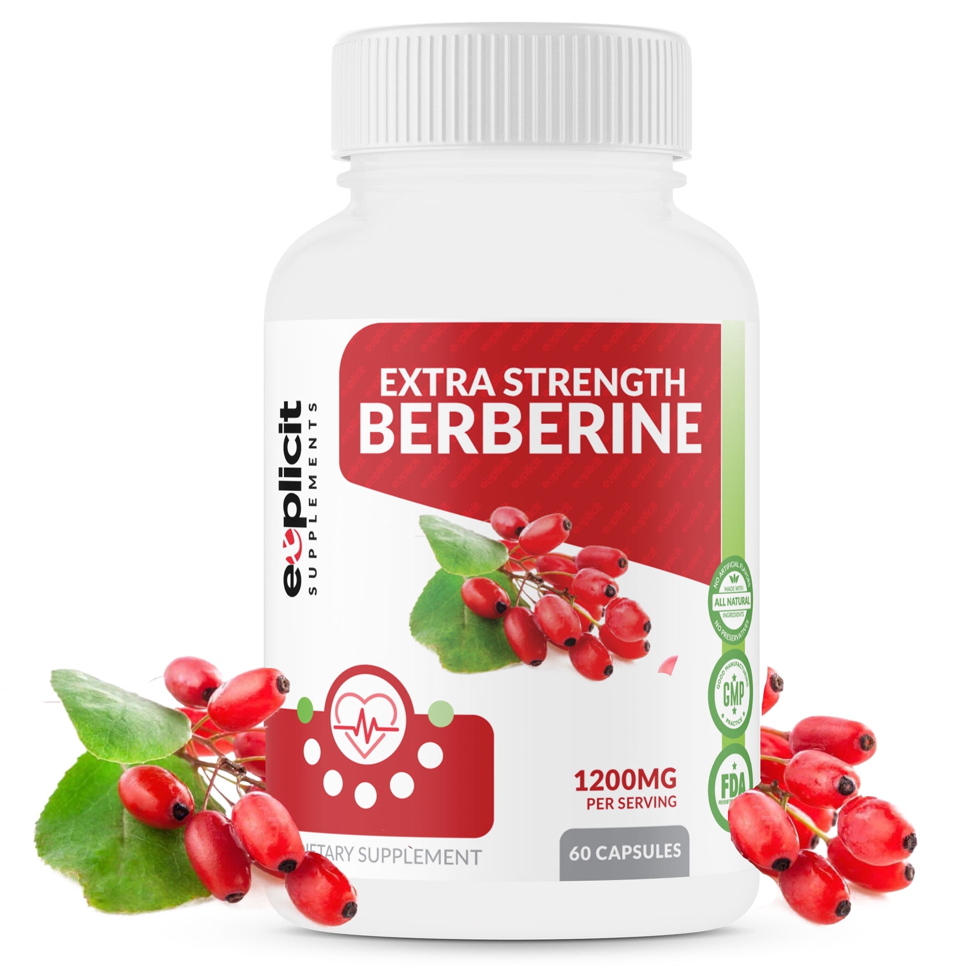 Berberine Supplement HCl - 1200mg Max Strength - Supports Glucose Metabolism, Immune Function & Helps Cardiovascular Function - 1 Month Supply by eXplicit Supplements