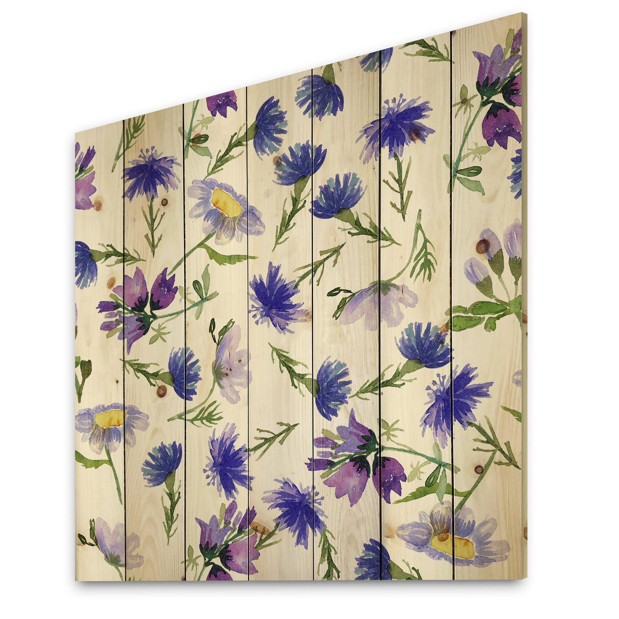 Designart 'Blue Wildflowers With Leaves III' Traditional Print on Natural Pine Wood