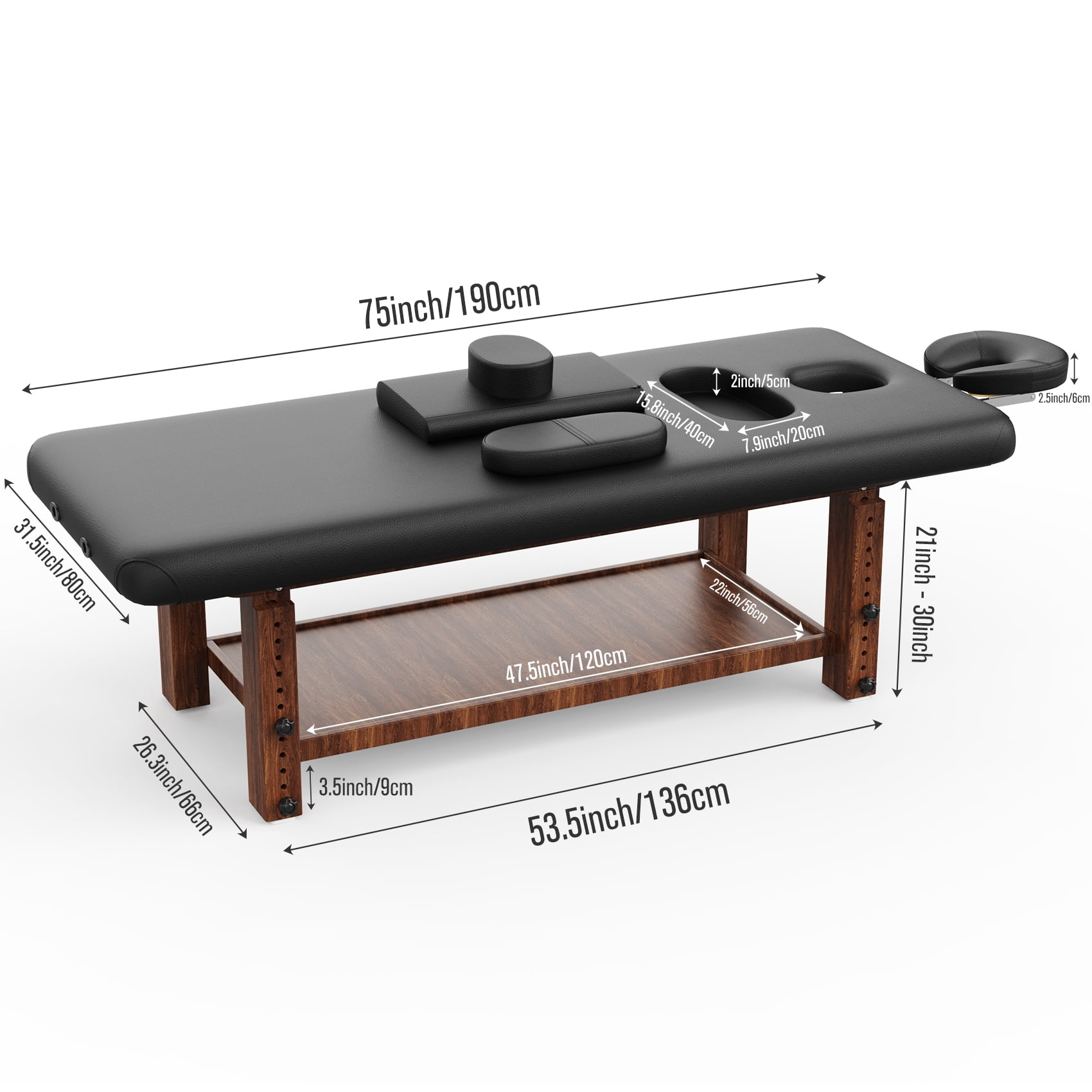 Miniyam 80" -Beauty Salon Beauty Bed Modern Massage Bed - Black High Quality Birch, 4 Adjustable Height Legs, With C-Shaped Pillow, Chest Hole Pillow