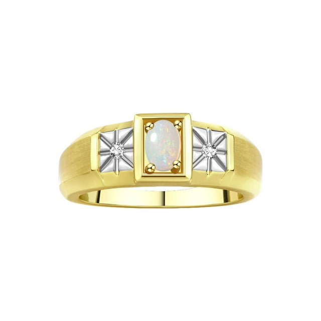 RYLOS Men's Rings Yellow Gold Plated Silver Classic 6X4MM Oval Gemstone & Diamond Ring Opal African October Birthstone Rings For Men, Silver Rings, Size 12