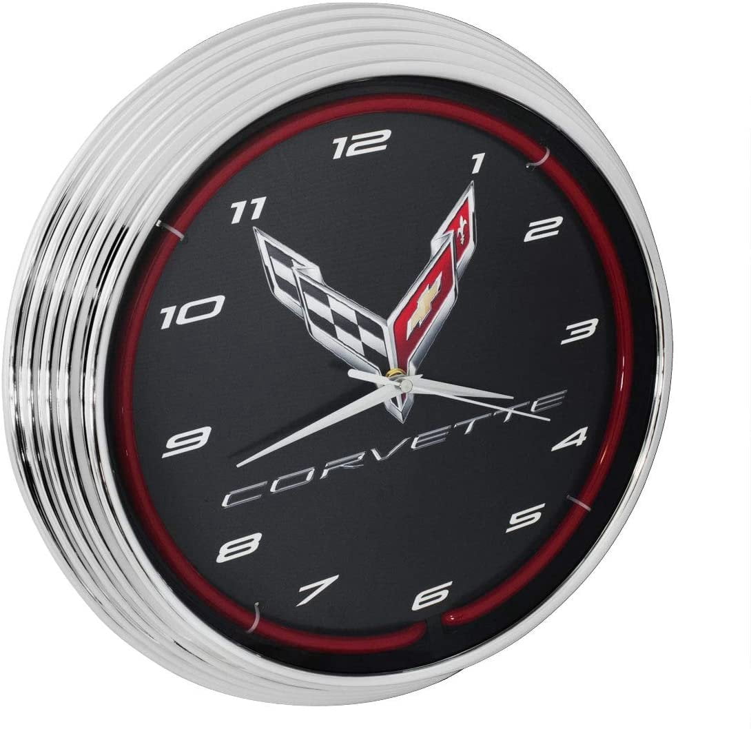 C8 Corvette Clock - 15" Neon Wall Clock with C8 Crossed Flags Logo