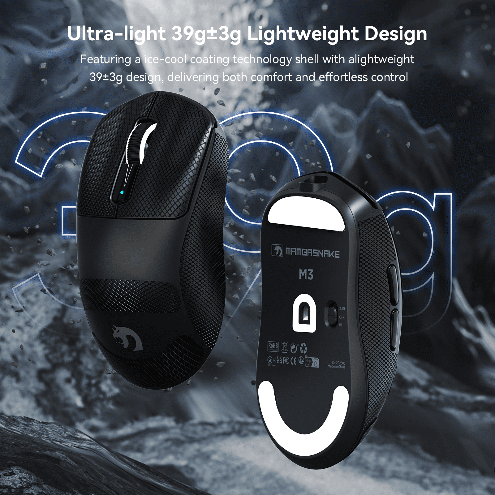 MAMBASNAKE M3 39g SUPERLIGHT Mouse, PixArt PAW3395PRO Gaming Sensor, BT/2.4G Wireless/Wired Gaming Mouse, 6 Adjustable DPI up to 40000, 200 Hrs Battery, Office Mice for PC/Win/Mac - Black&Tape