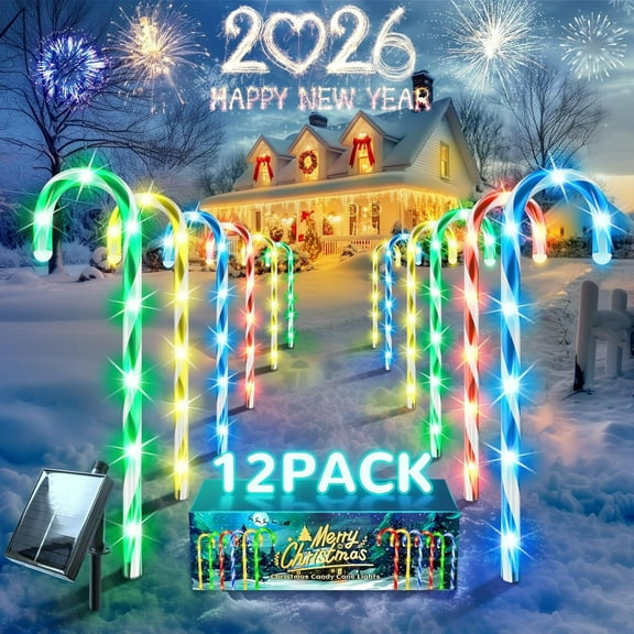 Solar Candy Cane Stake Lights Outdoor - 12 Pack 21" Waterproof LED Christmas Decorations with 8 Colorful Lighting Modes for Pathway, Yard, and Garden Xmas Decor - Perfect 2026 New Year Gifts for Home