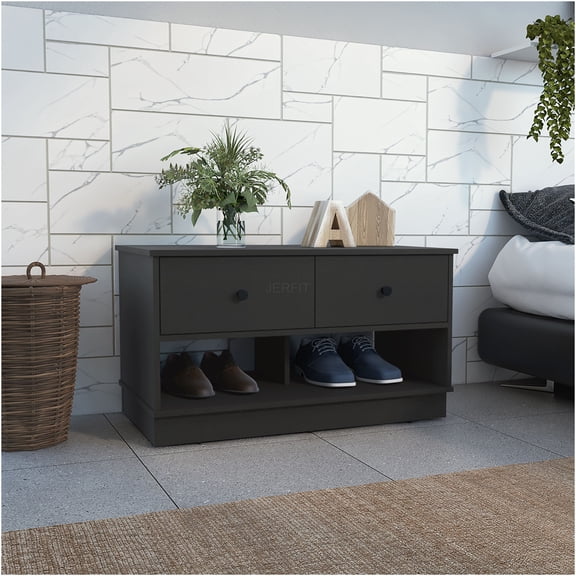 JERFIT Storage Bench Two Open Shelves Two Drawers -Black
