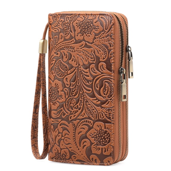 GOIACII Women's Wallet Wristlet Ladies Phone Purse RFID Blocking Large Card Holder Double Zip Grip Strap Vegan Leather