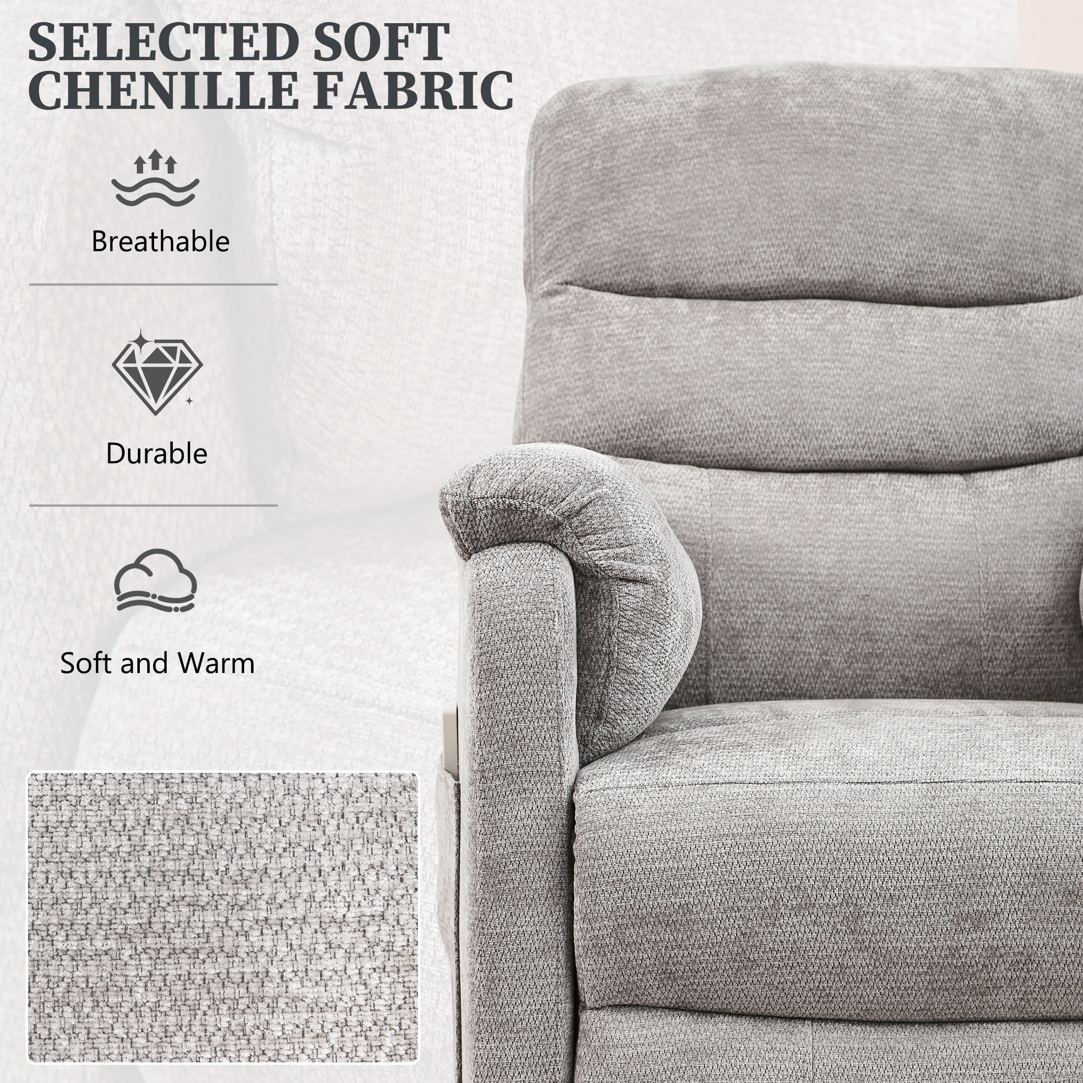 Power Recliner Chair, Holaki Electric Power Recliner with Side Pocket and Remote, Modern Chenille Fabric Recliner Chairs for Adults, Small Recliner for Small Space Nursery Living Room, Grey